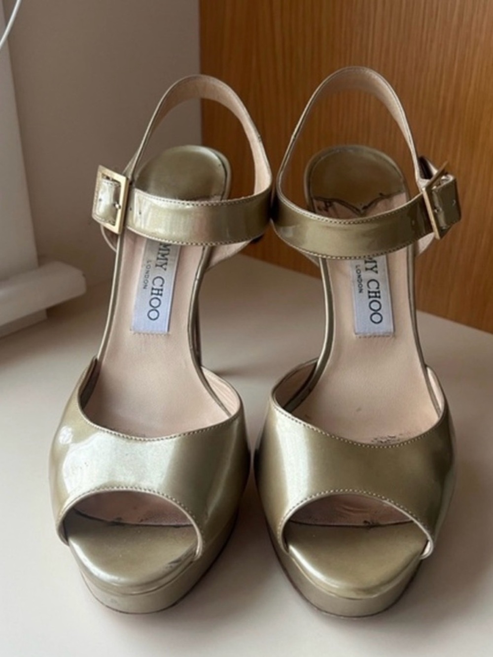 Jimmy Choo Gold Patent Leather Peep-Toe Platform Sandals